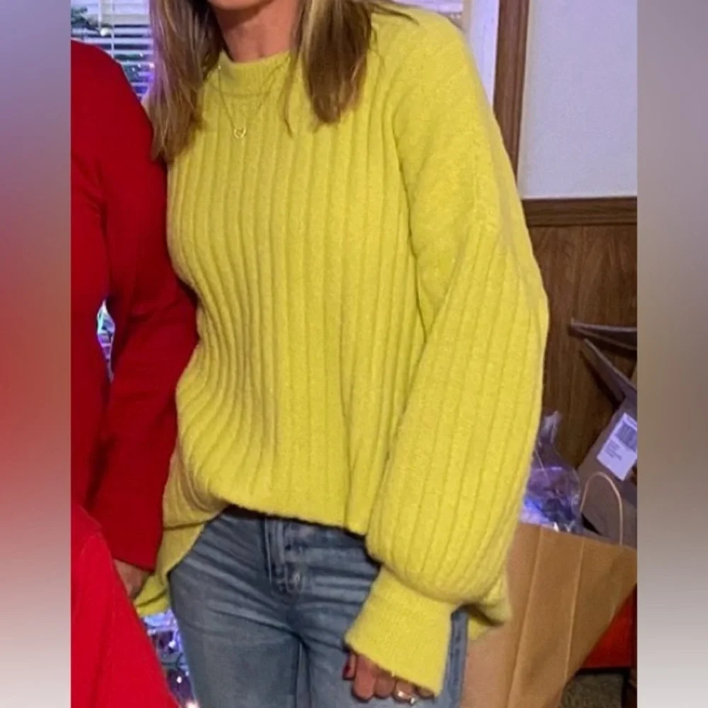 Aerie Buttercream Oversized Ribbed Crew Neck Sweater Lime Green XS